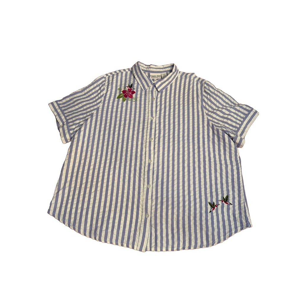 Country Floral Embroidered Bird Blouse Top Size 1X Button Up Seersucker Coastal